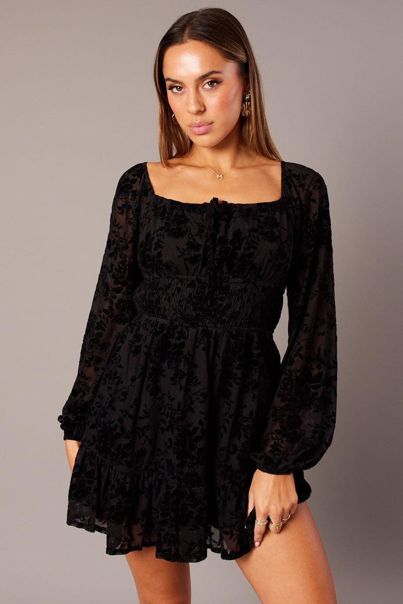 Black Fit and Flare Dress Long Sleeve Burn Out for Ally Fashion