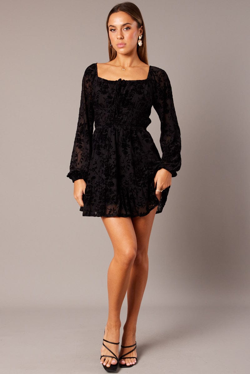 Black Fit and Flare Dress Long Sleeve Burn Out for Ally Fashion