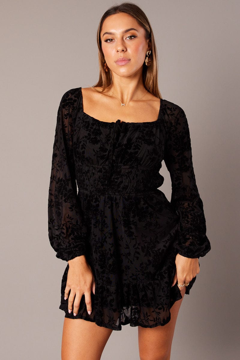 Black Fit and Flare Dress Long Sleeve Burn Out for Ally Fashion