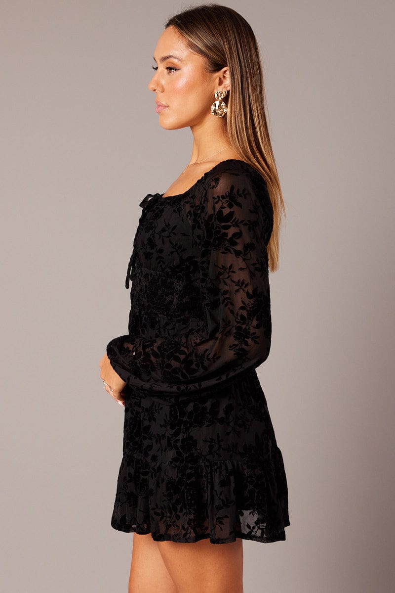 Black Fit and Flare Dress Long Sleeve Burn Out for Ally Fashion