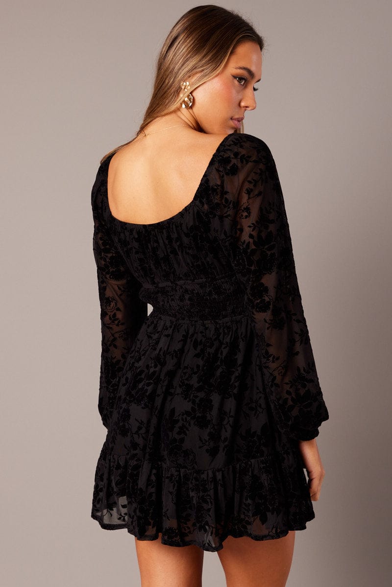 Black Fit and Flare Dress Long Sleeve Burn Out for Ally Fashion