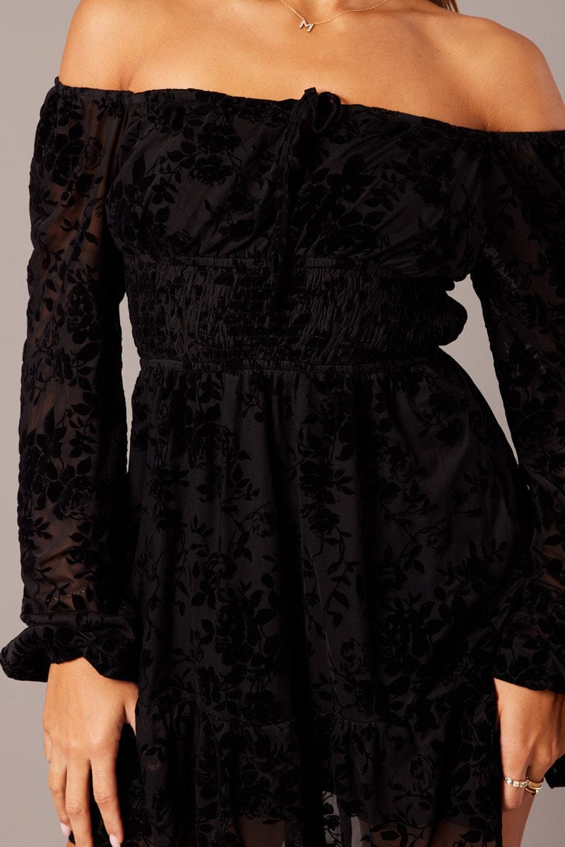 Black Fit and Flare Dress Long Sleeve Burn Out for Ally Fashion