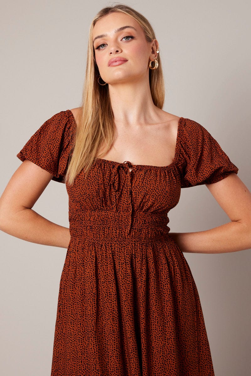 Brown Geo Midi Dress Short Sleeve Ruched Bust for Ally Fashion