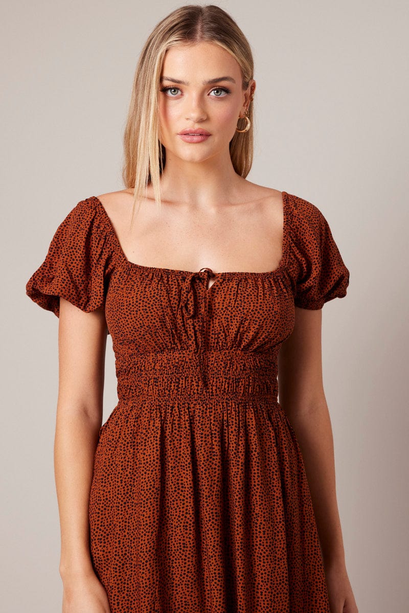 Brown Geo Midi Dress Short Sleeve Ruched Bust for Ally Fashion