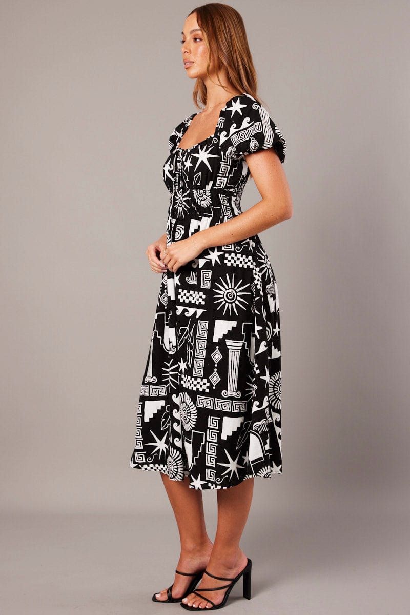 Black Abstract Midi Dress Short Sleeve Ruched Bust for Ally Fashion