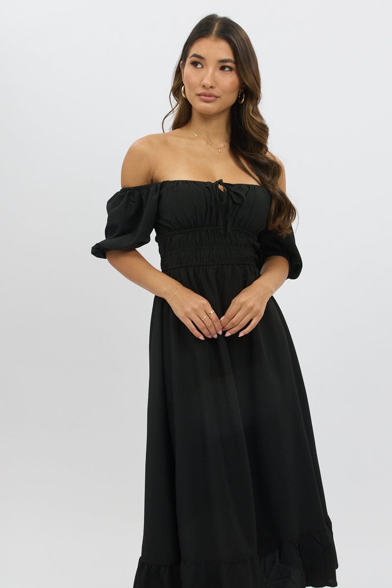 Black Midi Dress Short Sleeve Ruched Bust for Ally Fashion