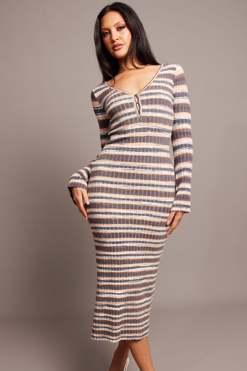 Beige Stripe Knit Dress Long Sleeve for Ally Fashion