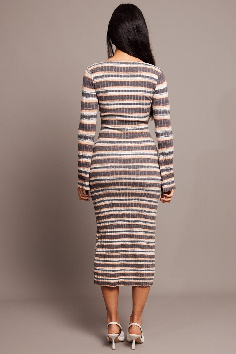 Beige Stripe Knit Dress Long Sleeve for Ally Fashion