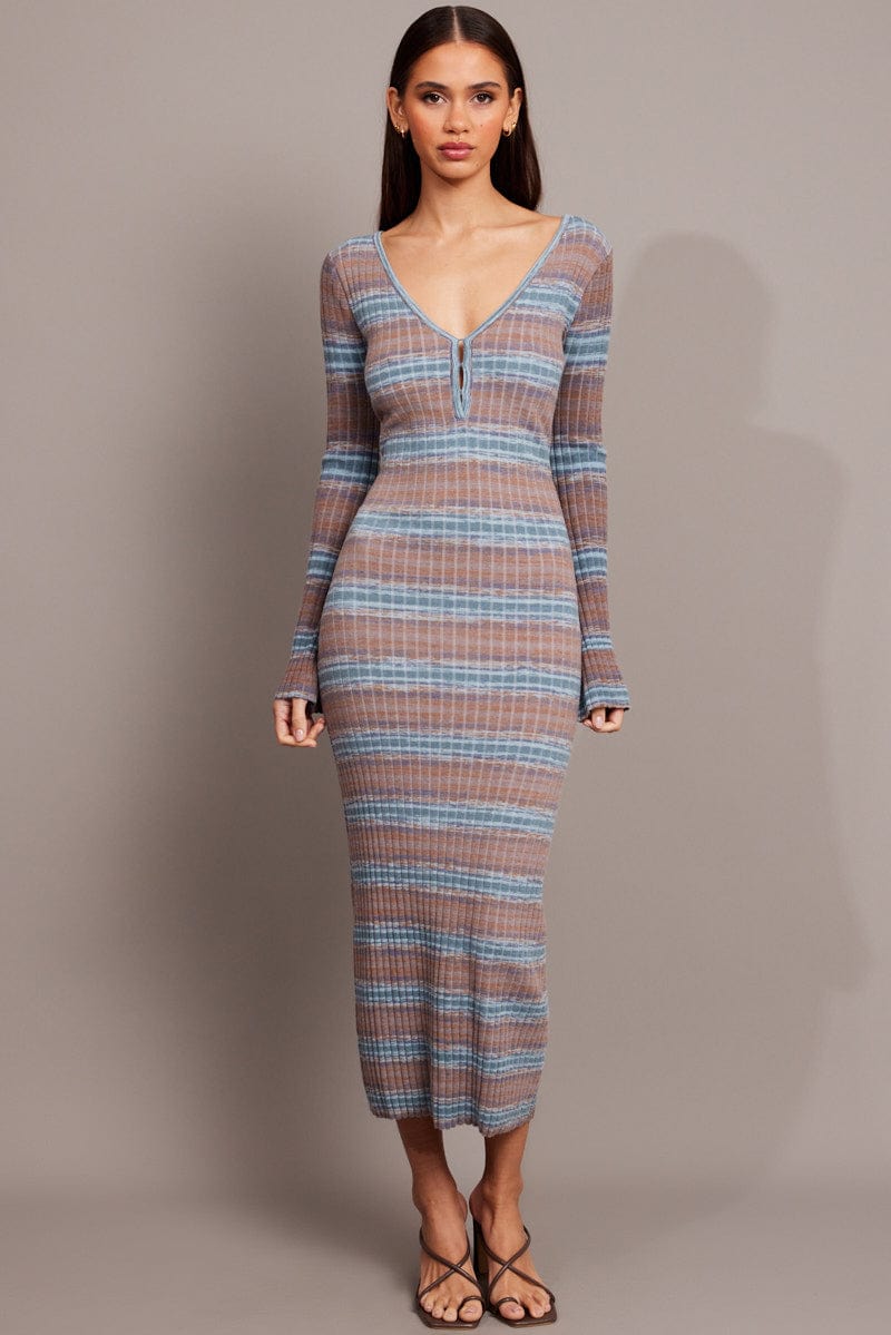 Blue Stripe Knit Dress Long Sleeve for Ally Fashion