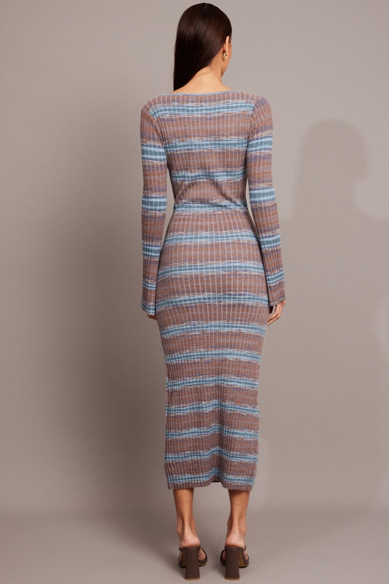 Blue Stripe Knit Dress Long Sleeve for Ally Fashion