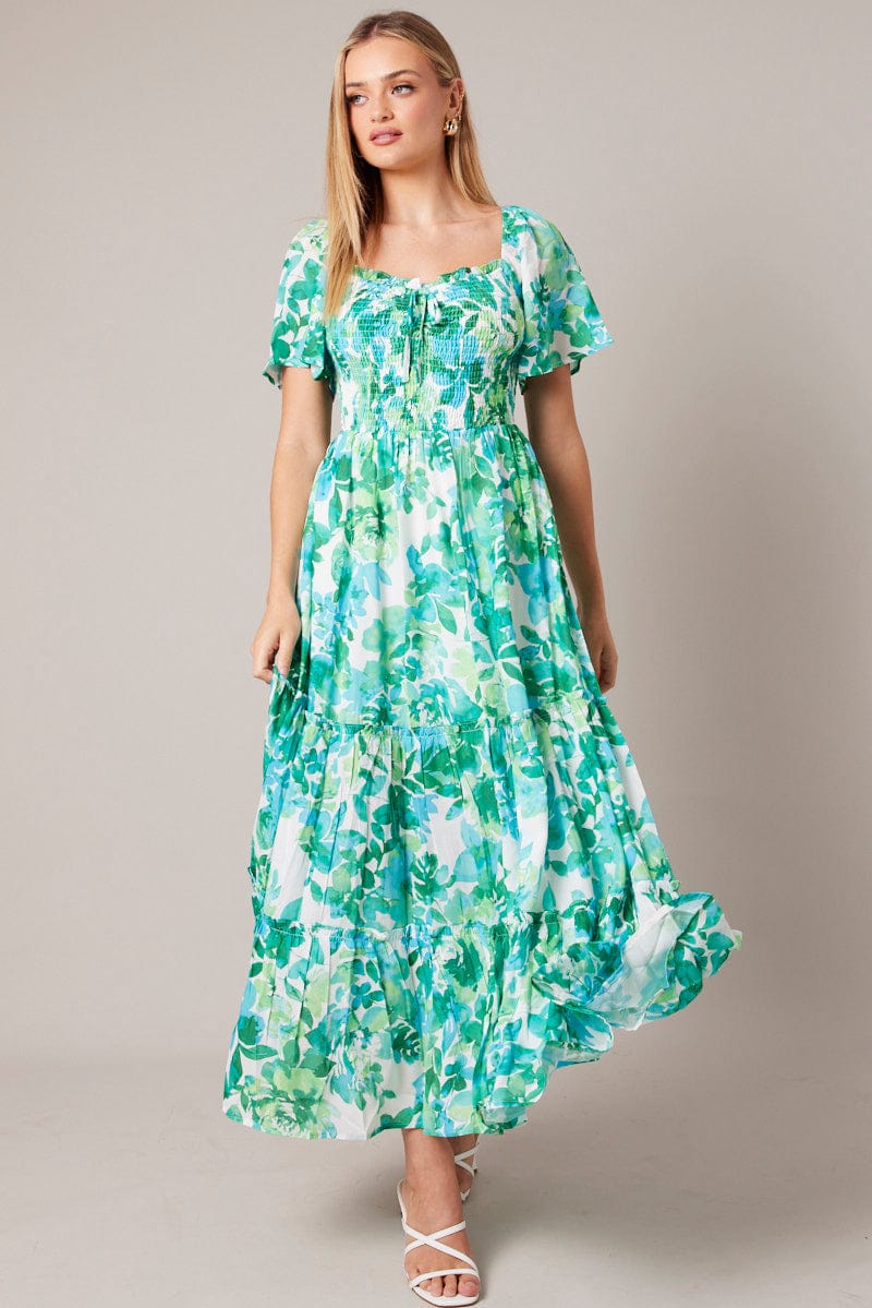 Green Floral Maxi Dress Short Sleeve Shirred for Ally Fashion