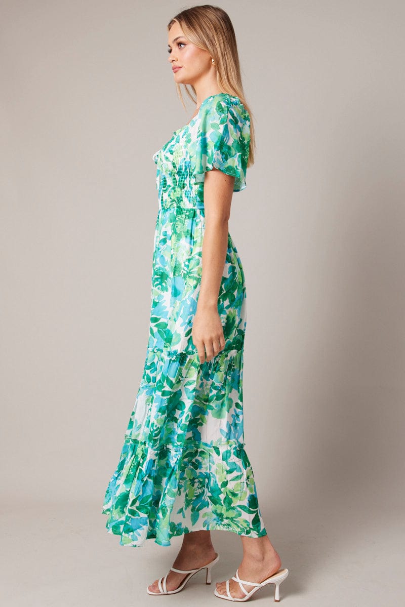 Green Floral Maxi Dress Short Sleeve Shirred for Ally Fashion