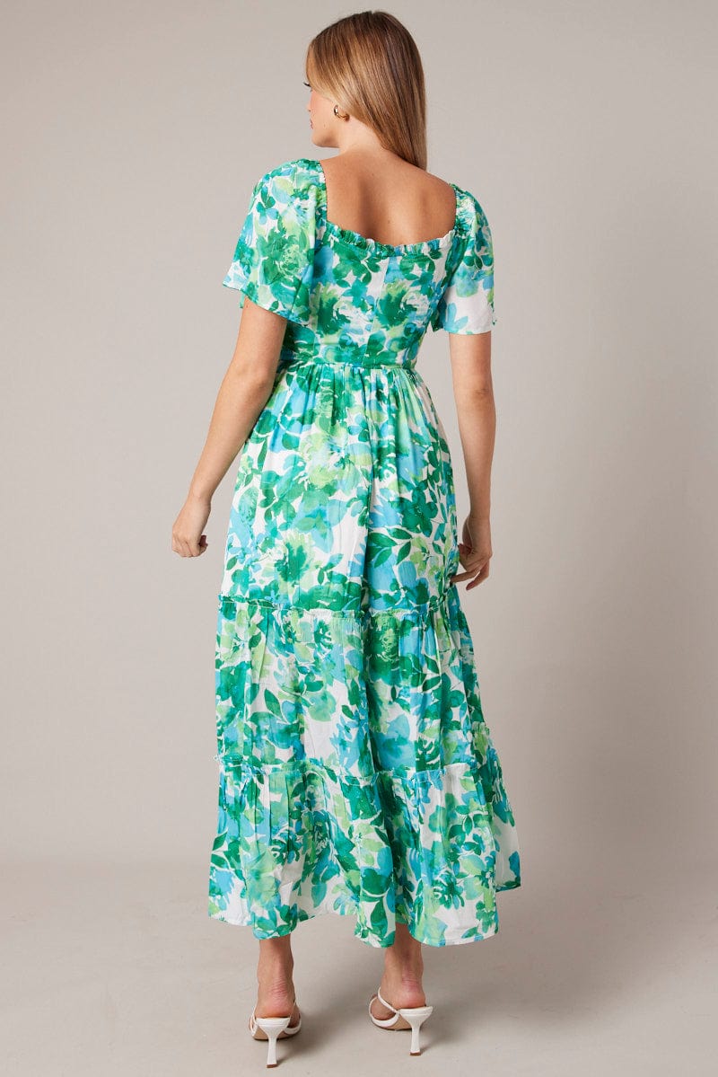 Green Floral Maxi Dress Short Sleeve Shirred for Ally Fashion