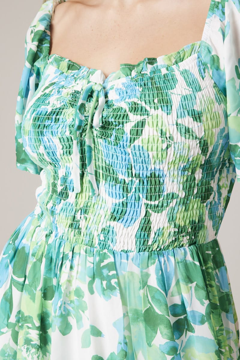 Green Floral Maxi Dress Short Sleeve Shirred for Ally Fashion