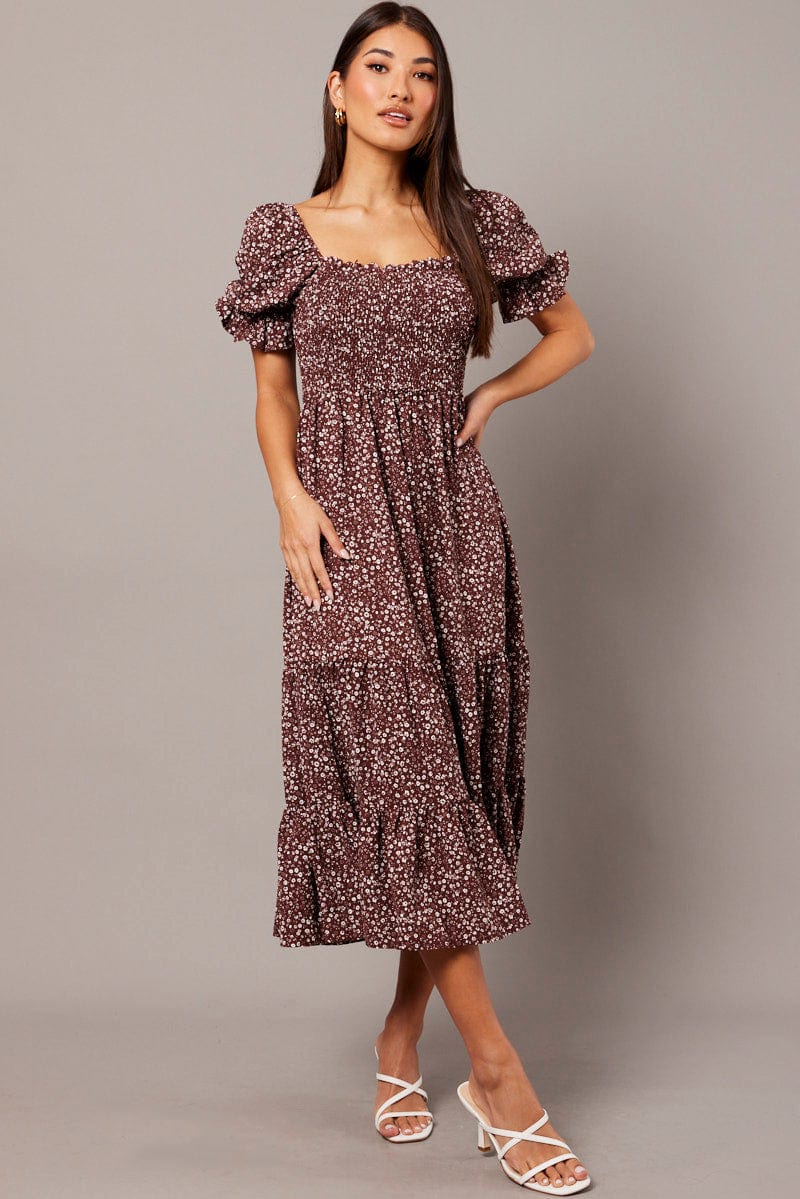 Brown Ditsy Maxi Dress Puff Sleeve for Ally Fashion