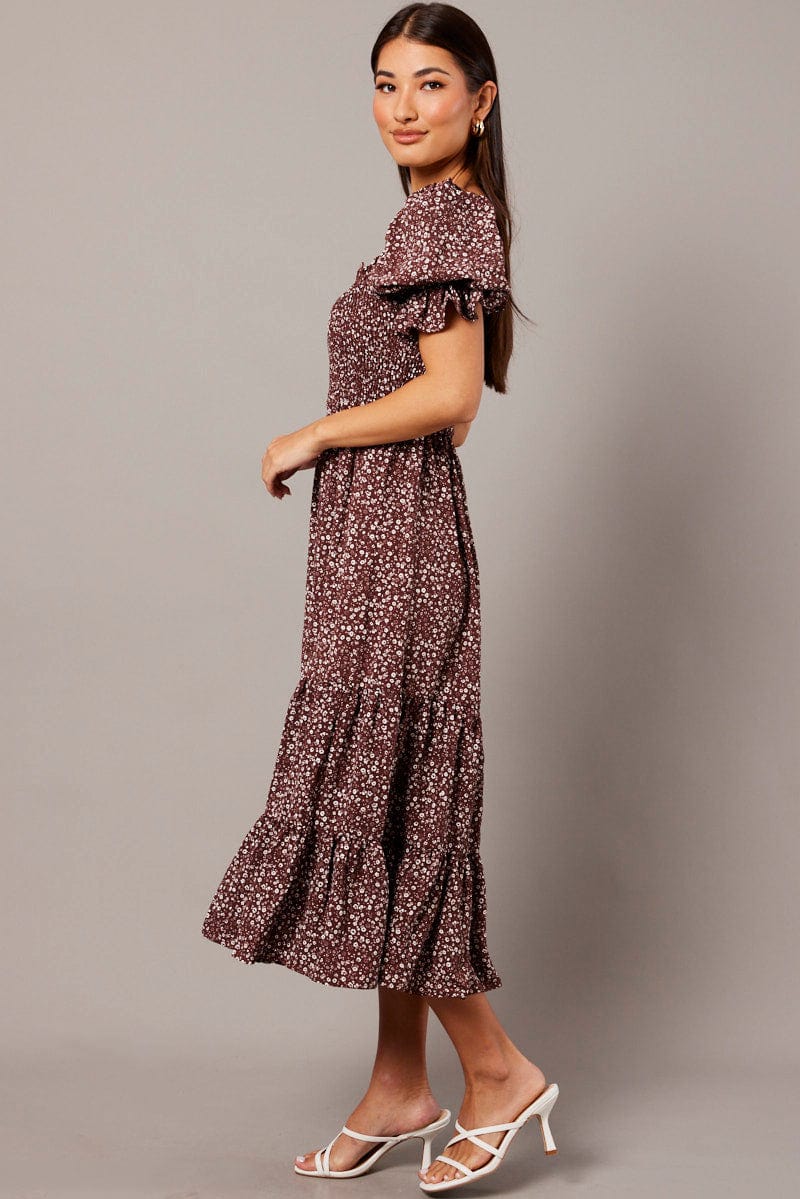 Brown Ditsy Maxi Dress Puff Sleeve for Ally Fashion