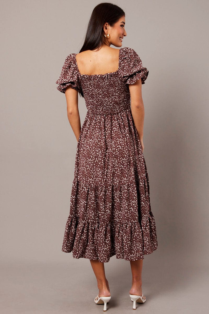 Brown Ditsy Maxi Dress Puff Sleeve for Ally Fashion