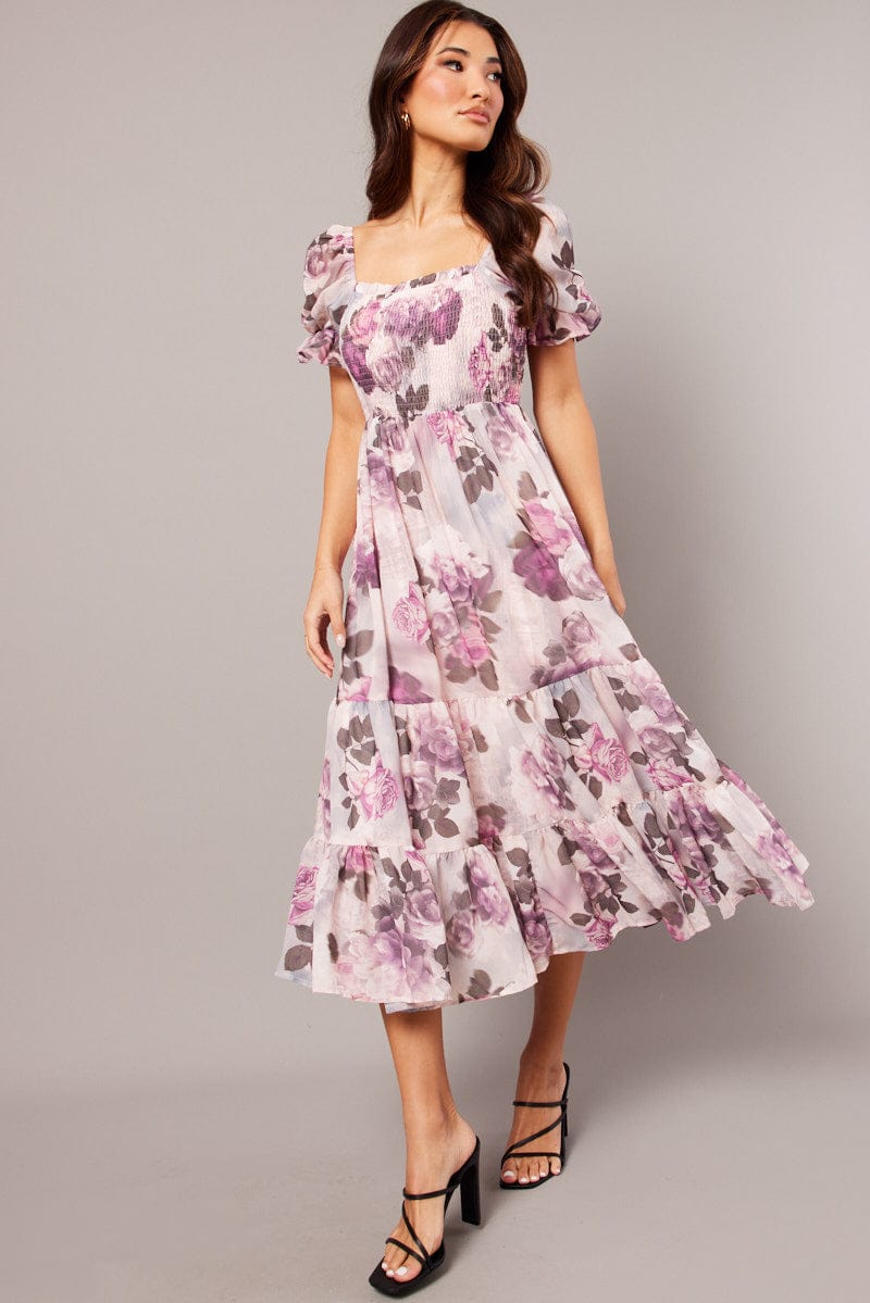 Pink Floral Maxi Dress Puff Sleeve for Ally Fashion