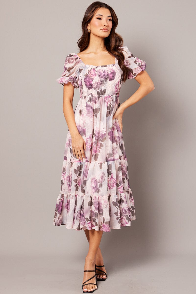 Pink Floral Maxi Dress Puff Sleeve for Ally Fashion