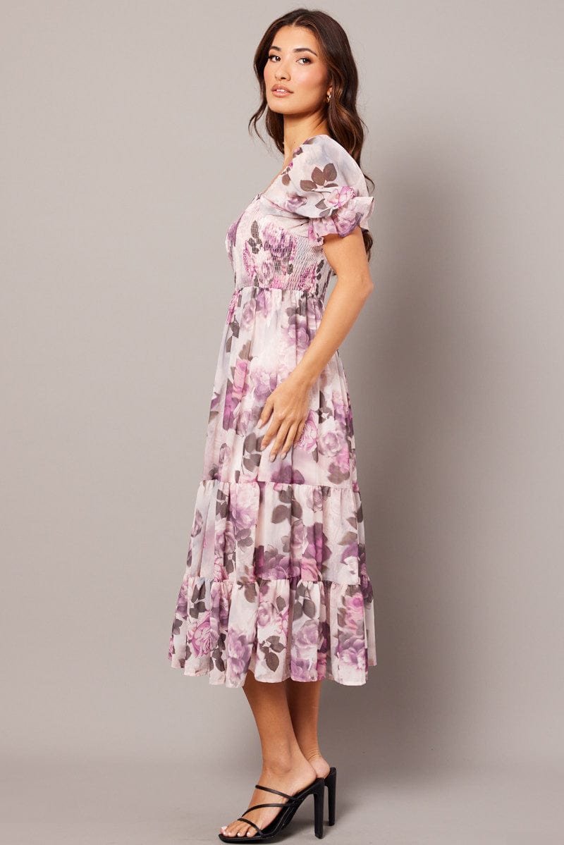 Pink Floral Maxi Dress Puff Sleeve for Ally Fashion