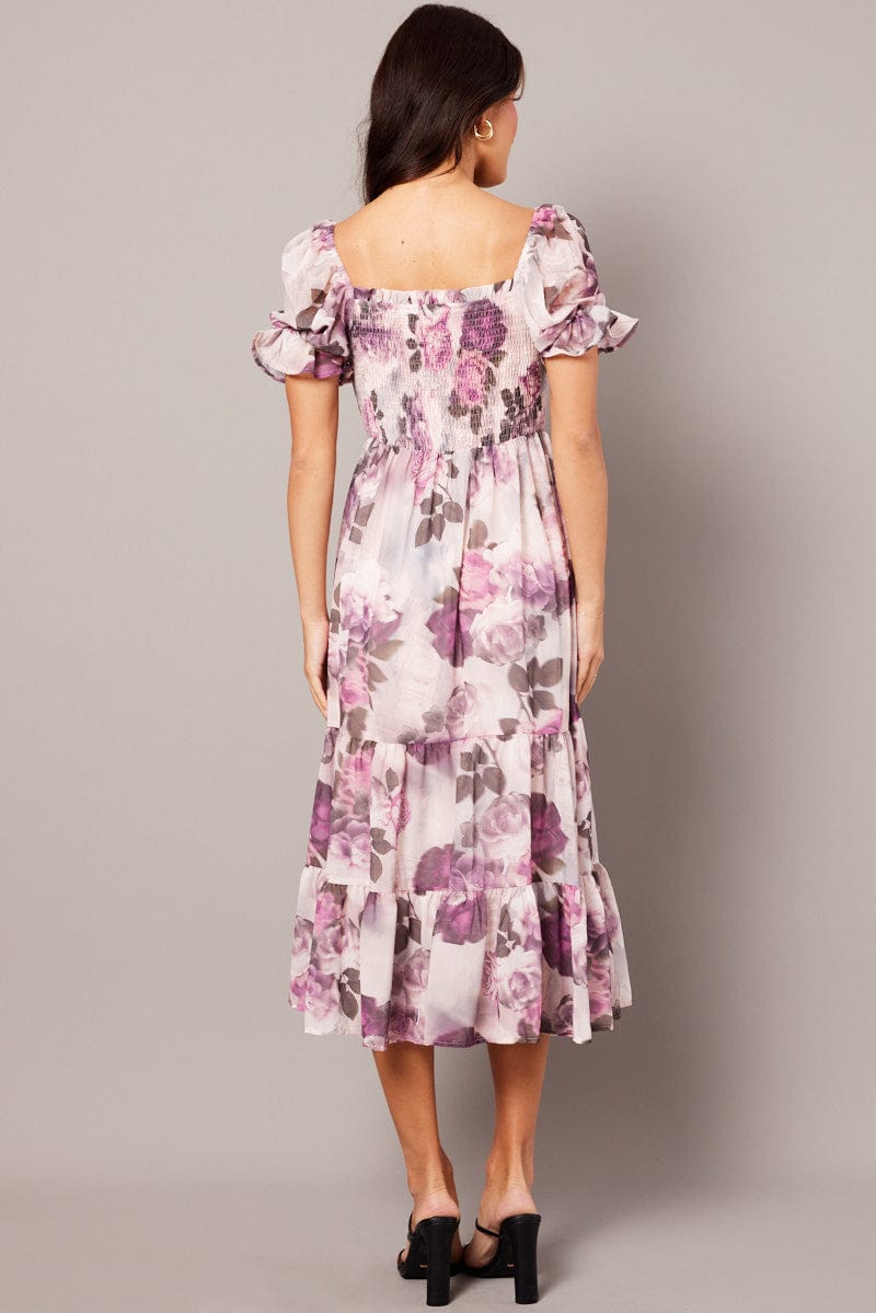 Pink Floral Maxi Dress Puff Sleeve for Ally Fashion