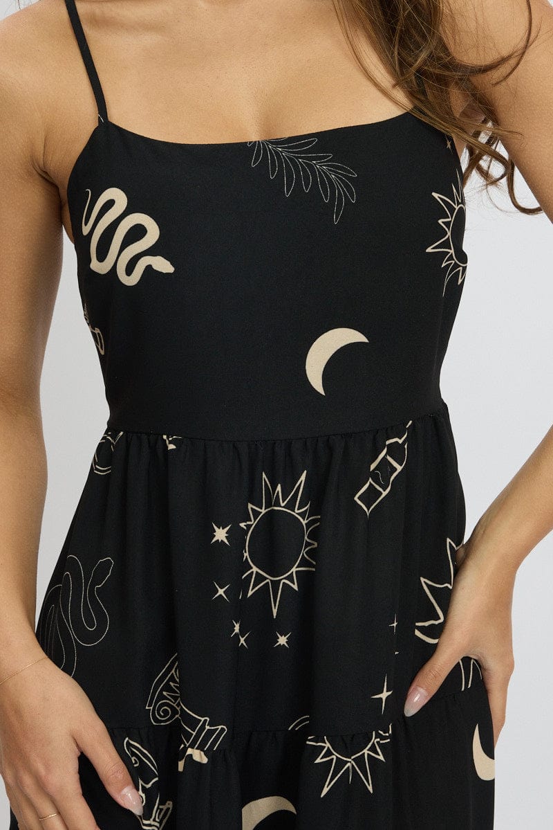 Black Abstract Midi Dress Tiered Strappy for Ally Fashion