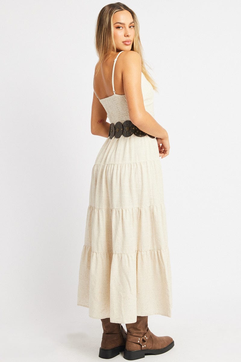 Beige Midi Dress Tiered Strappy | Ally Fashion Beige Midi Dress Tiered Strappy | Ally Fashion
