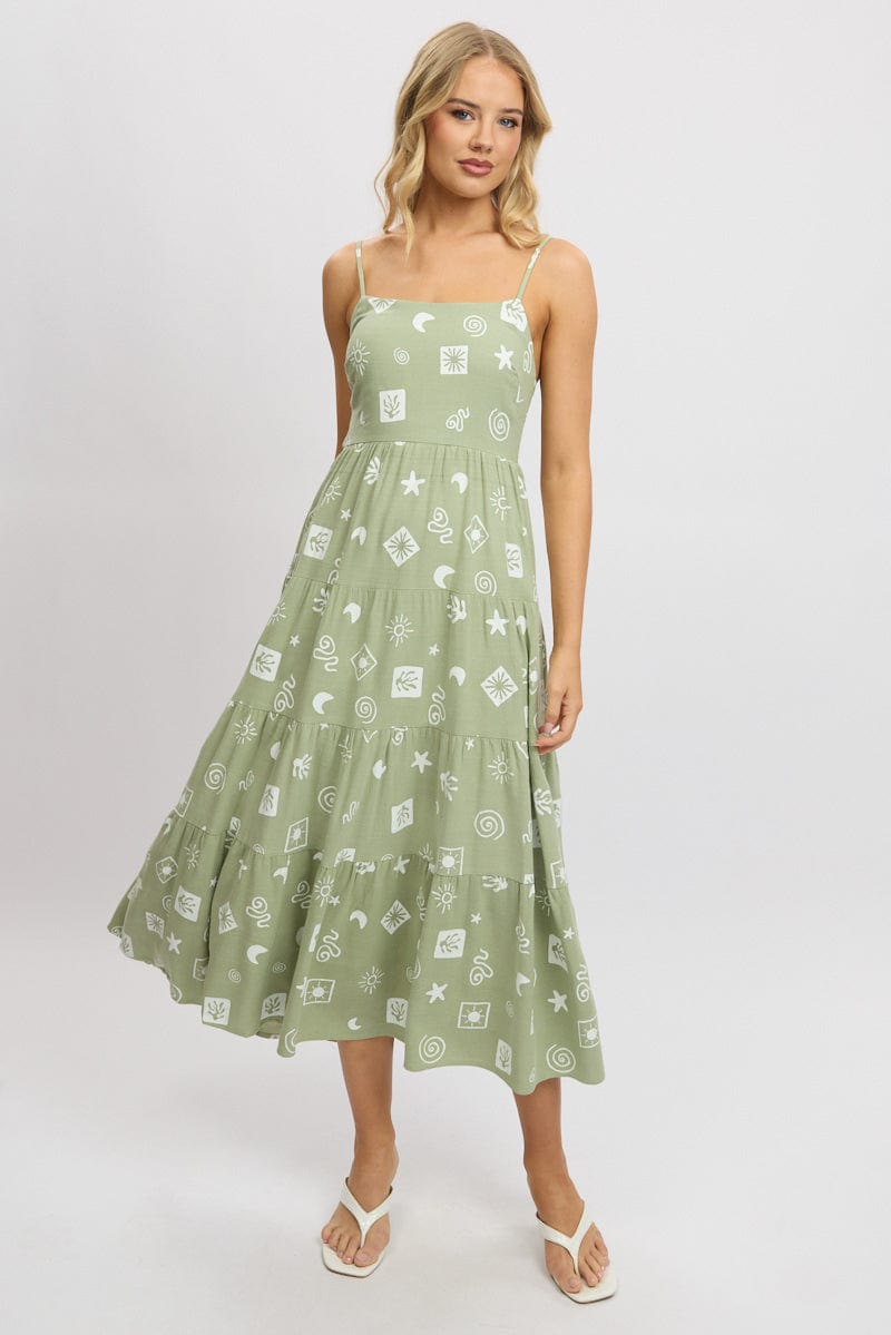 Green Abstract Midi Dress Tiered Strappy for Ally Fashion