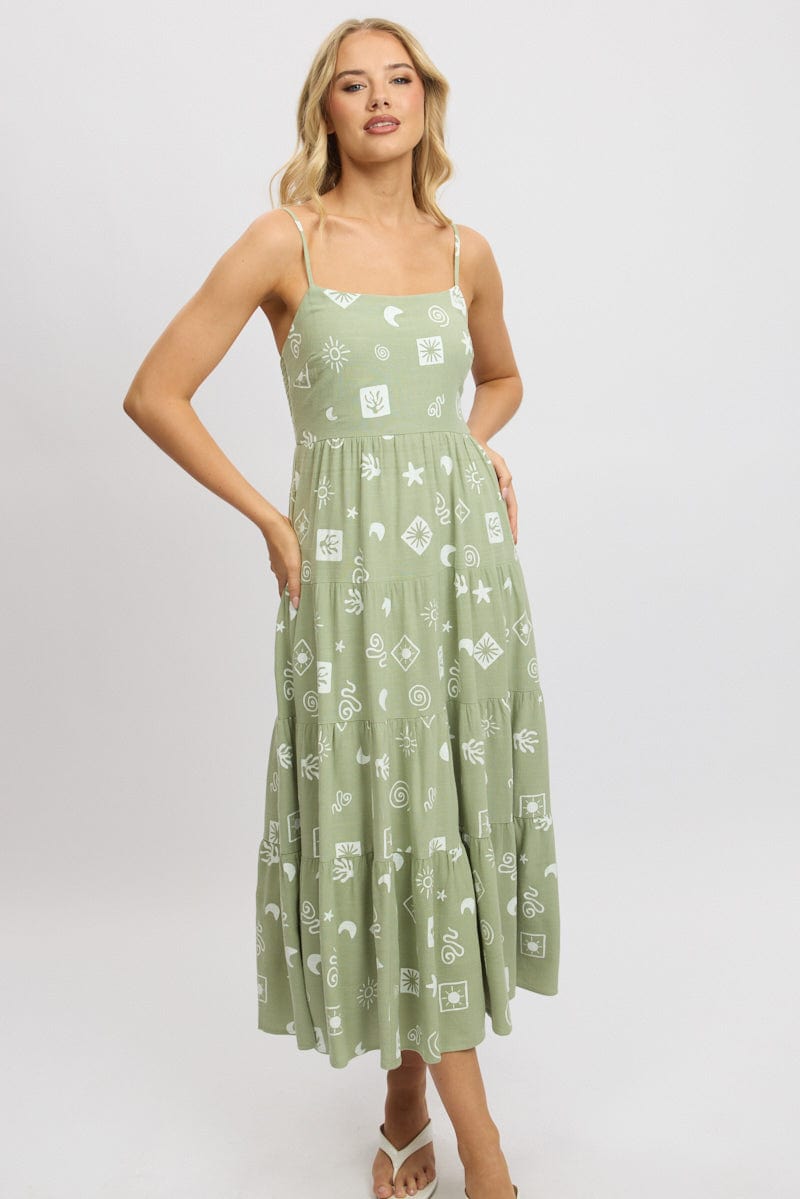 Green Abstract Midi Dress Tiered Strappy for Ally Fashion