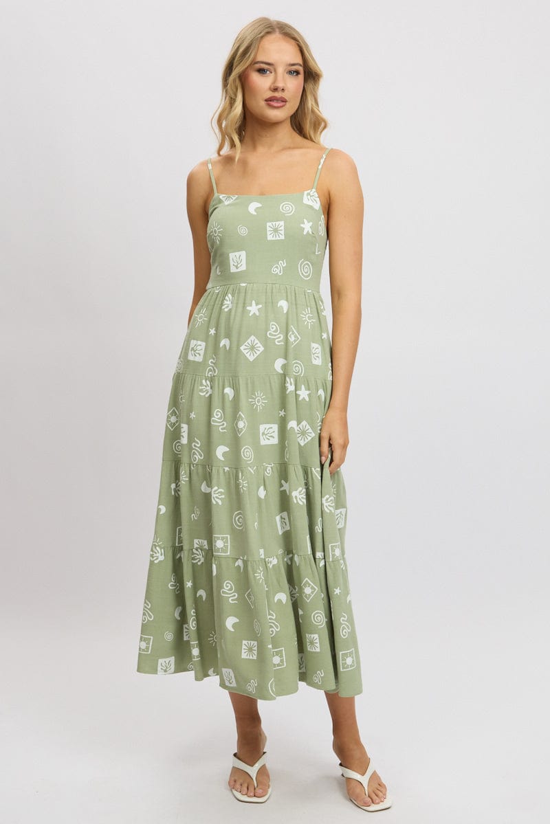 Green Abstract Midi Dress Tiered Strappy for Ally Fashion