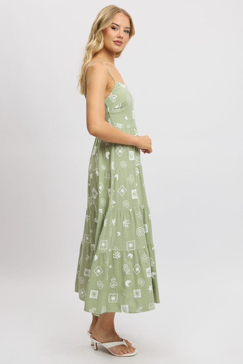 Green Abstract Midi Dress Tiered Strappy for Ally Fashion