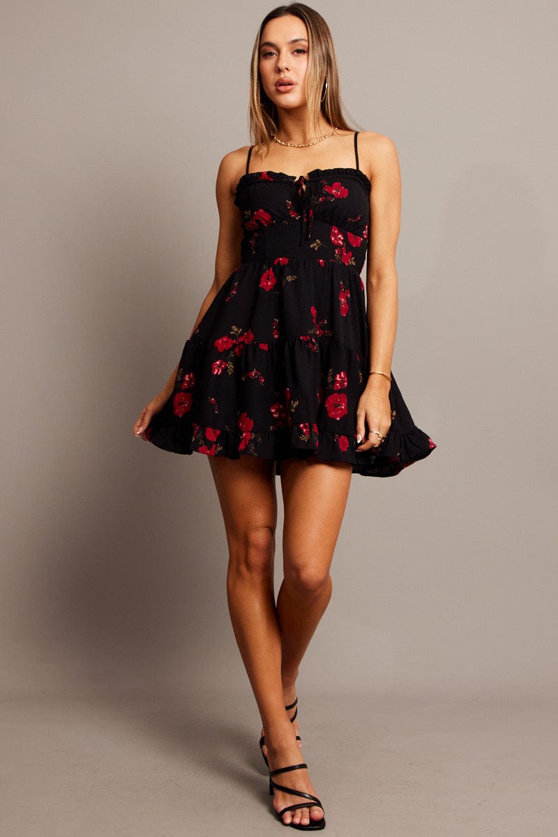 Black Floral Fit and Flare Dress Sleeveless Tiered for Ally Fashion