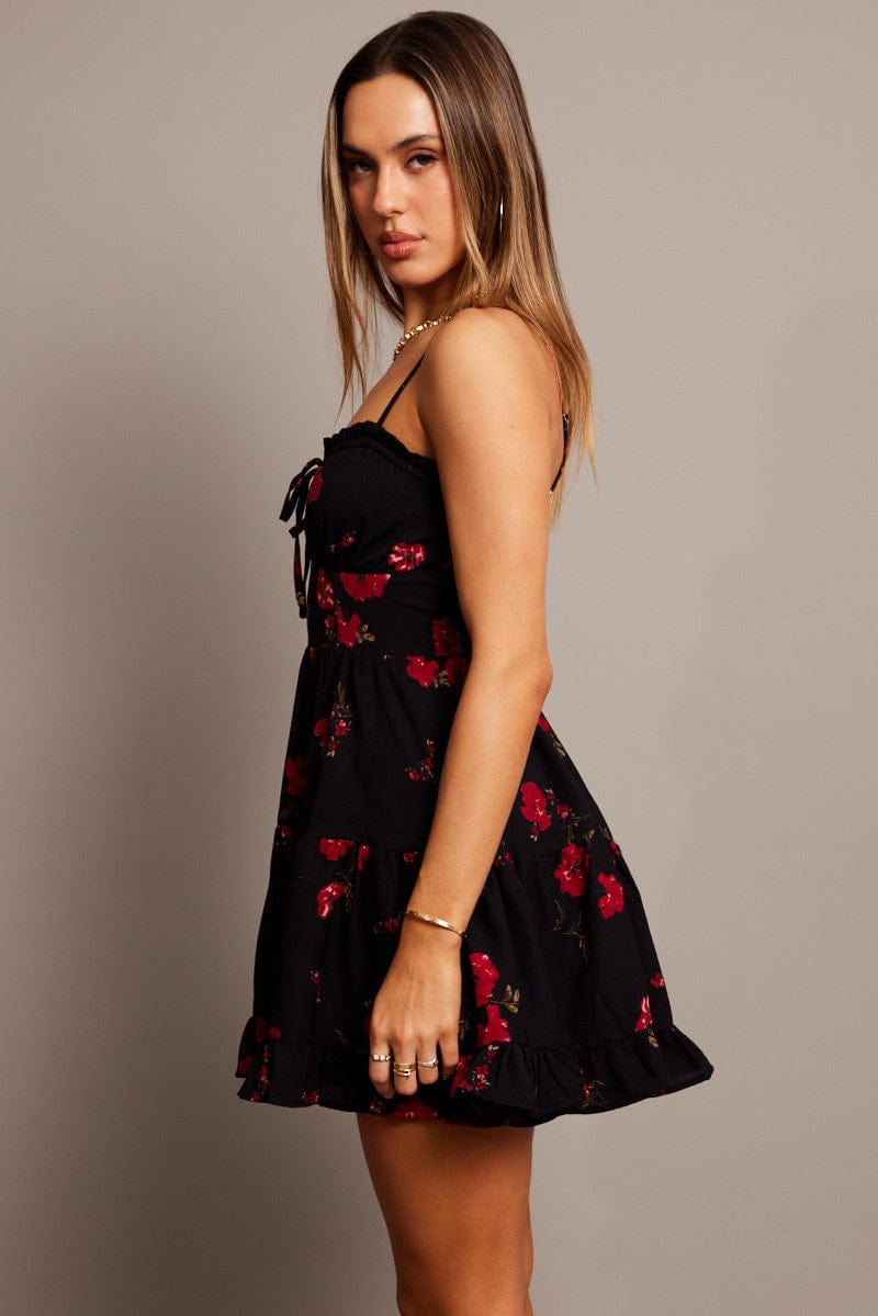 Black Floral Fit and Flare Dress Sleeveless Tiered for Ally Fashion