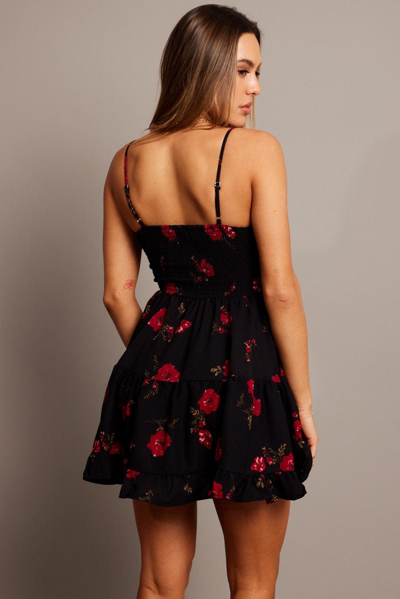 Black Floral Fit and Flare Dress Sleeveless Tiered for Ally Fashion