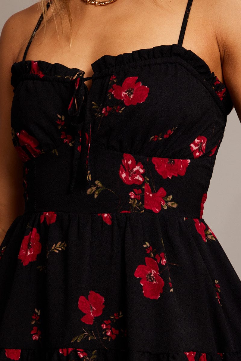 Black Floral Fit and Flare Dress Sleeveless Tiered for Ally Fashion