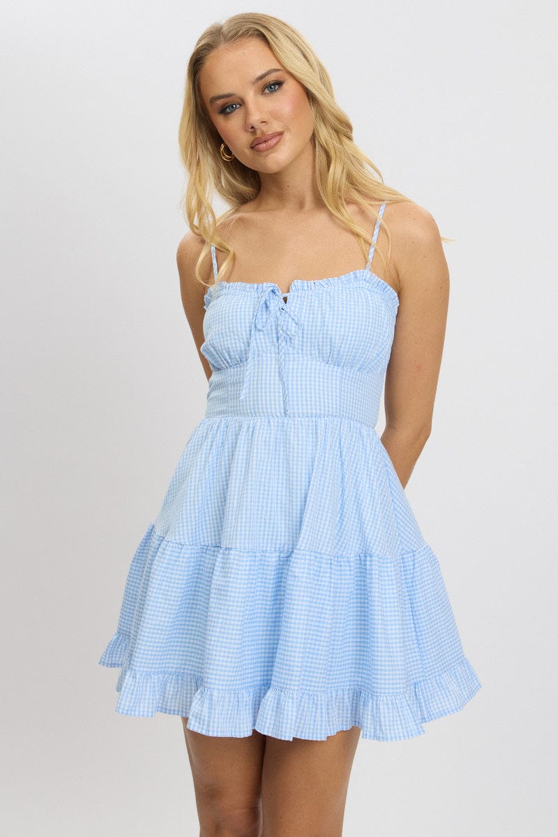 Blue Check Fit and Flare Dress Sleeveless Tiered for Ally Fashion