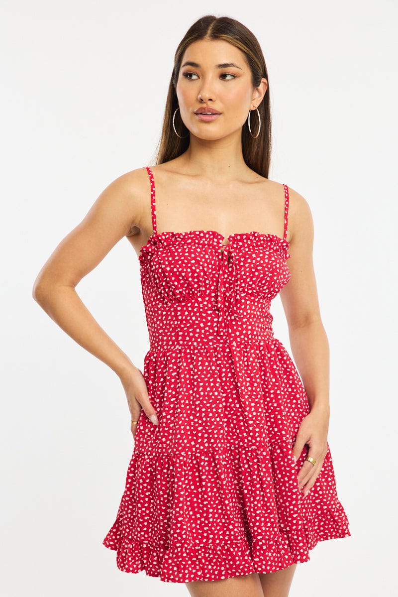 Red Ditsy Fit And Flare Dress Mini for Ally Fashion