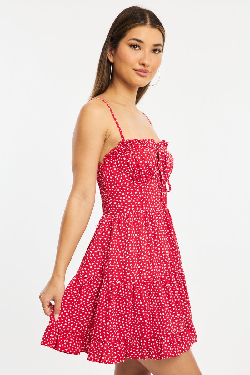 Red Ditsy Fit And Flare Dress Mini for Ally Fashion