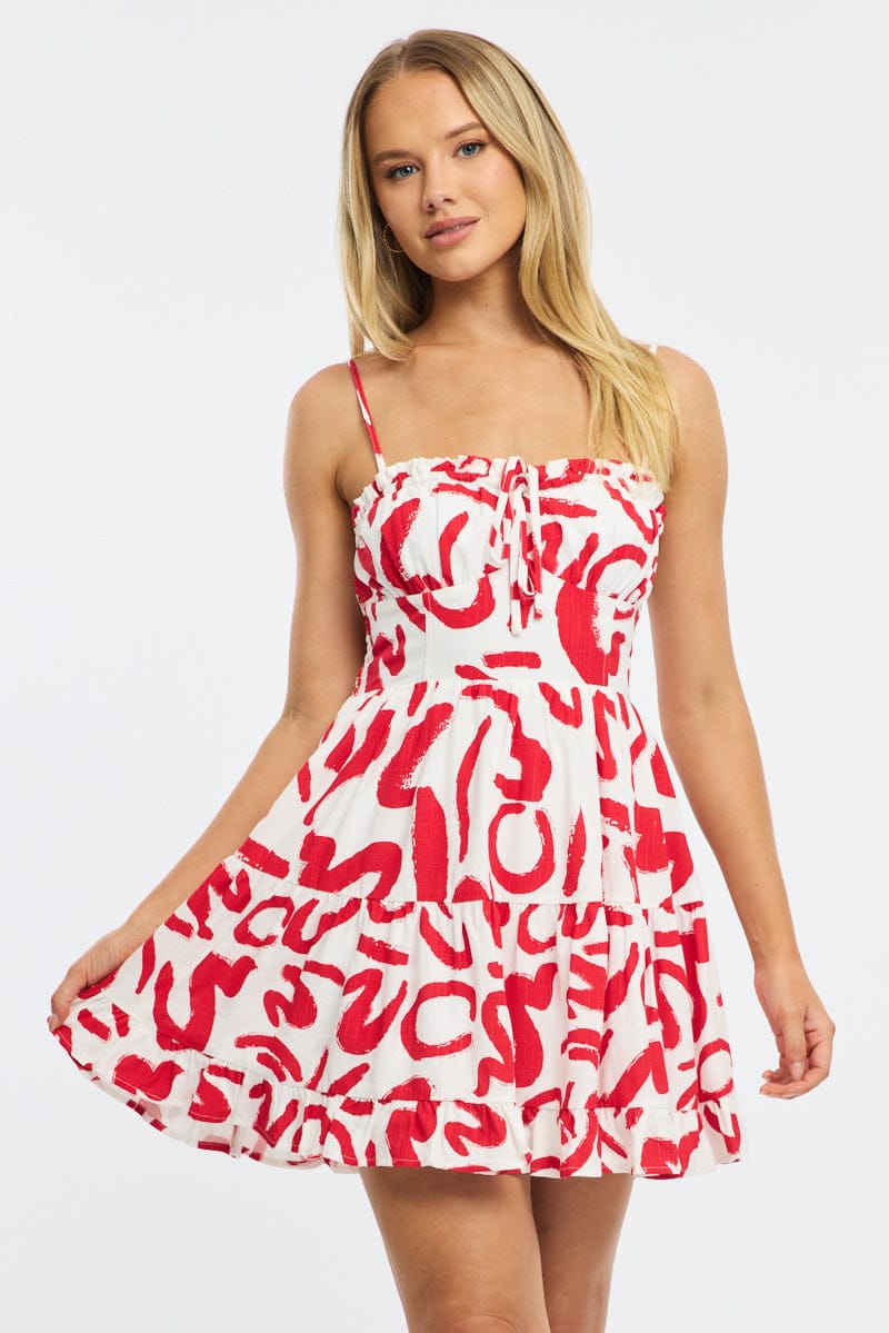 Red Abstract Fit And Flare Dress Mini for Ally Fashion