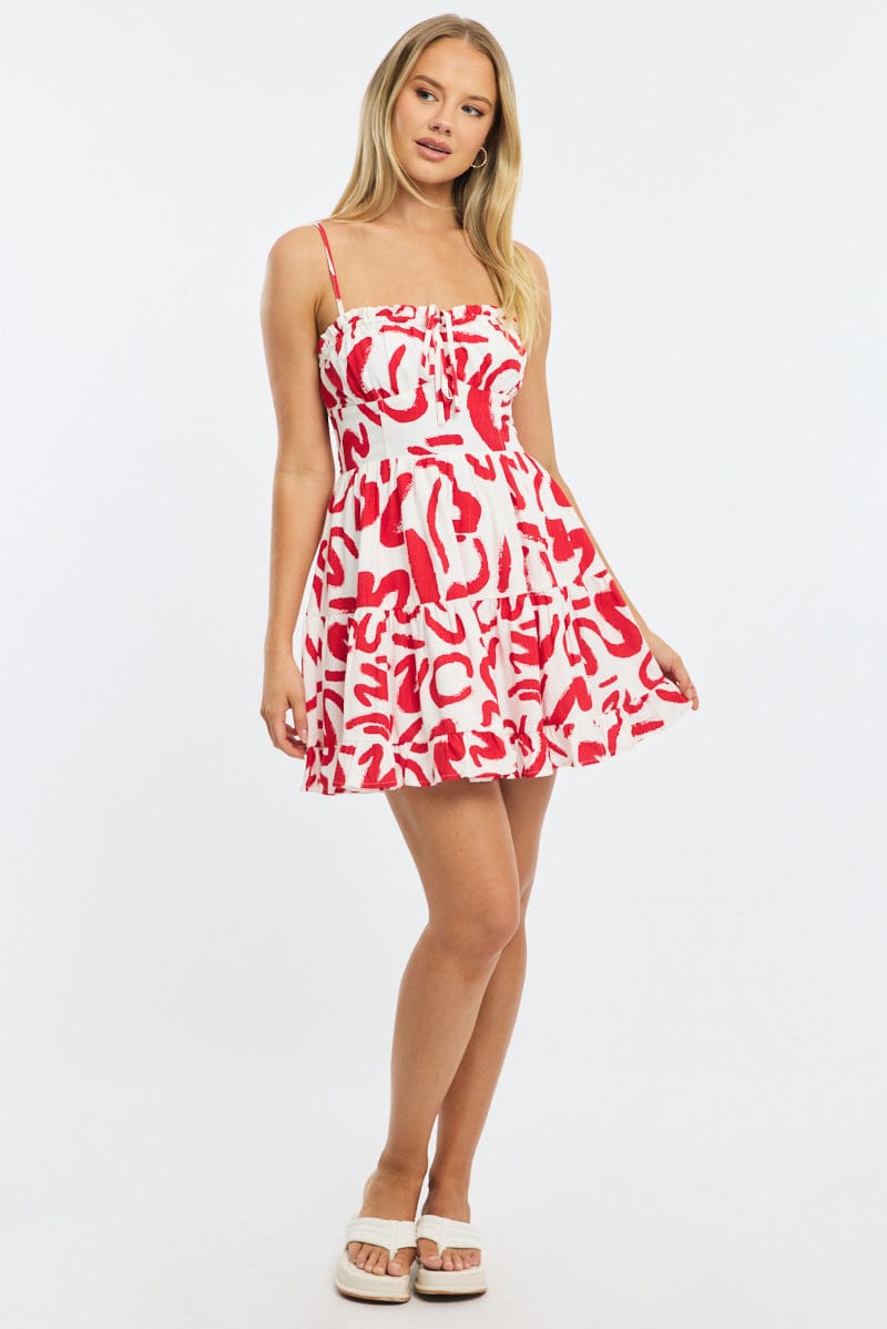 Red Abstract Fit And Flare Dress Mini for Ally Fashion