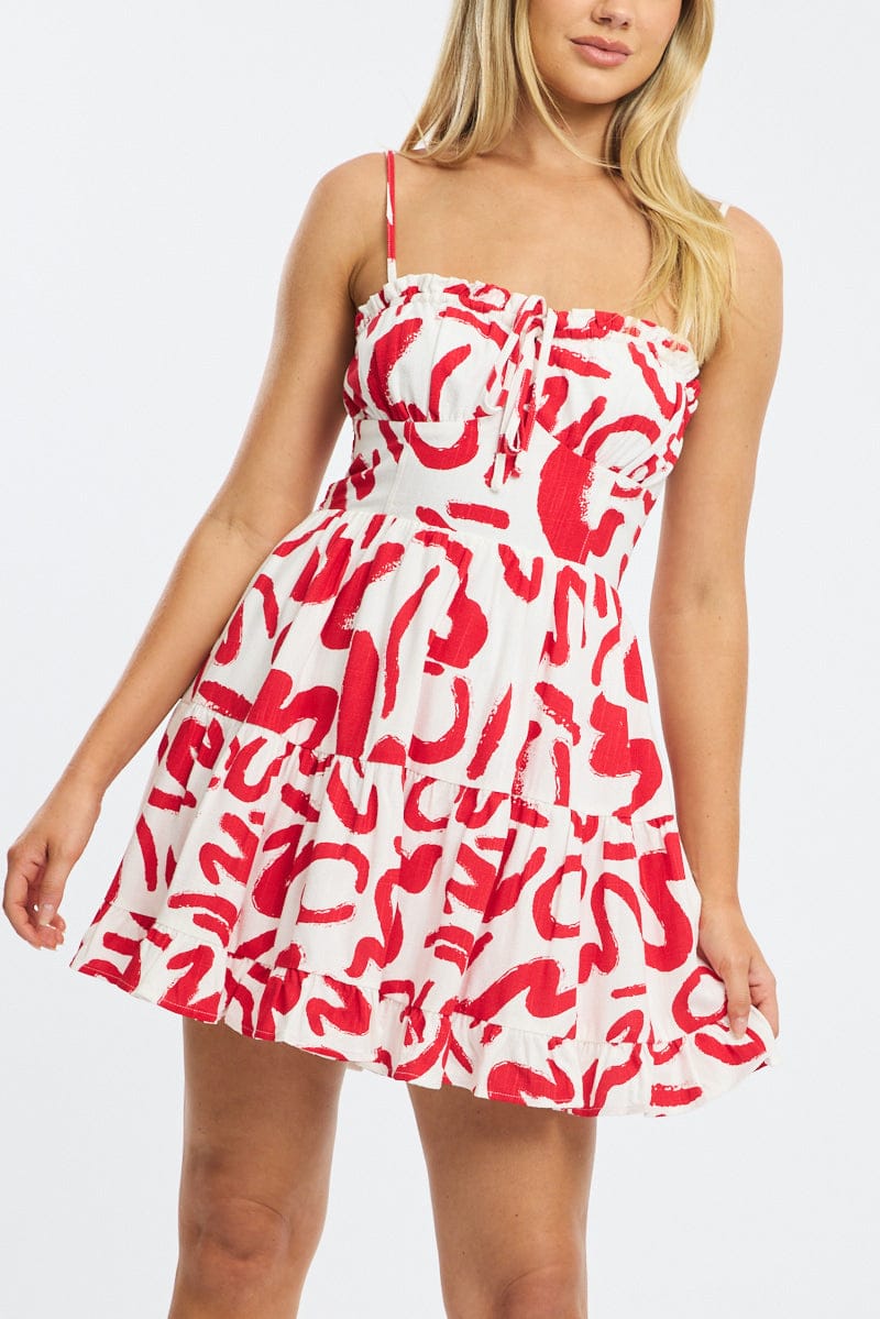 Red Abstract Fit And Flare Dress Mini for Ally Fashion