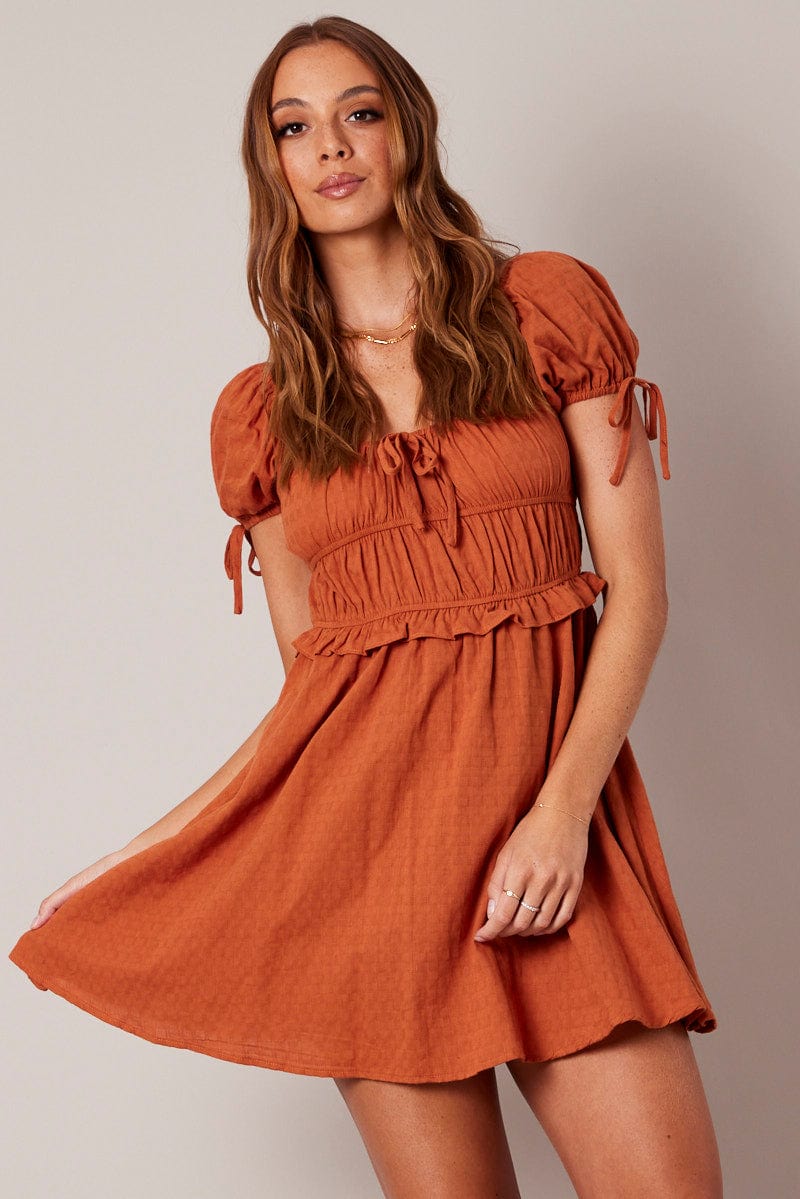 Brown Fit and Flare Dress Short Sleeve Textured for Ally Fashion