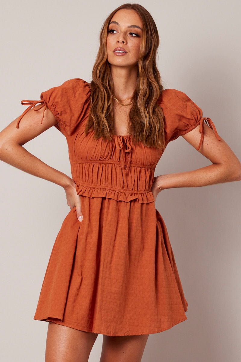 Brown Fit and Flare Dress Short Sleeve Textured | Ally Fashion Brown Fit and Flare Dress Short Sleeve Textured | Ally Fashion