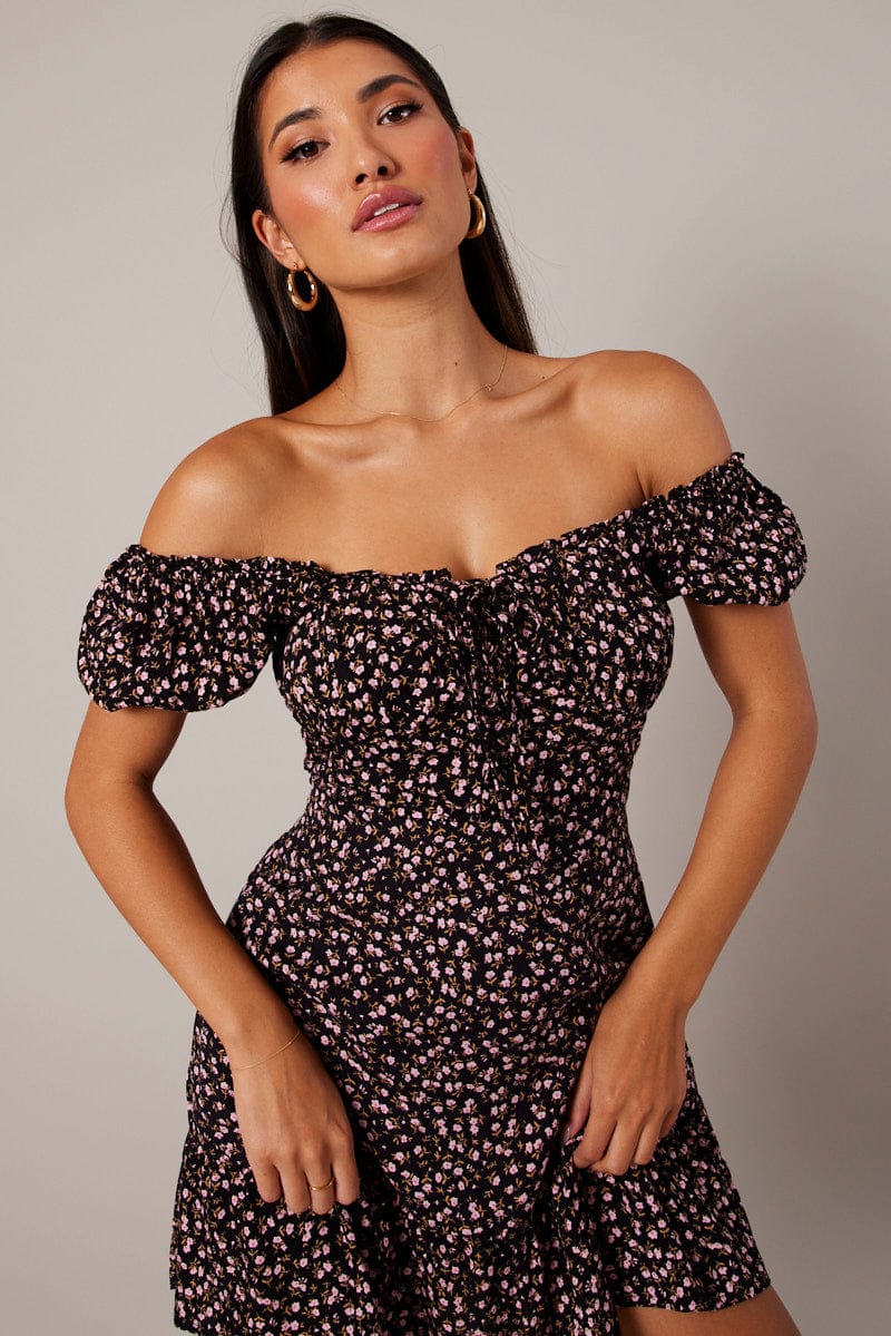 Black Ditsy Fit and Flare Dress Short Sleeve Lace Up Front | Ally Fashion Black Ditsy Fit and Flare Dress Short Sleeve Lace Up Front | Ally Fashion