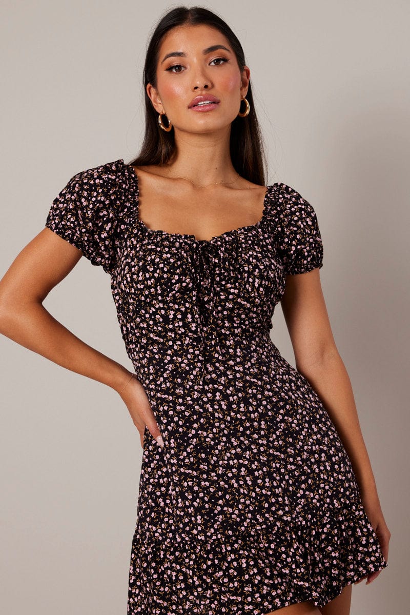 Black Ditsy Fit and Flare Dress Short Sleeve Lace Up Front | Ally Fashion Black Ditsy Fit and Flare Dress Short Sleeve Lace Up Front | Ally Fashion
