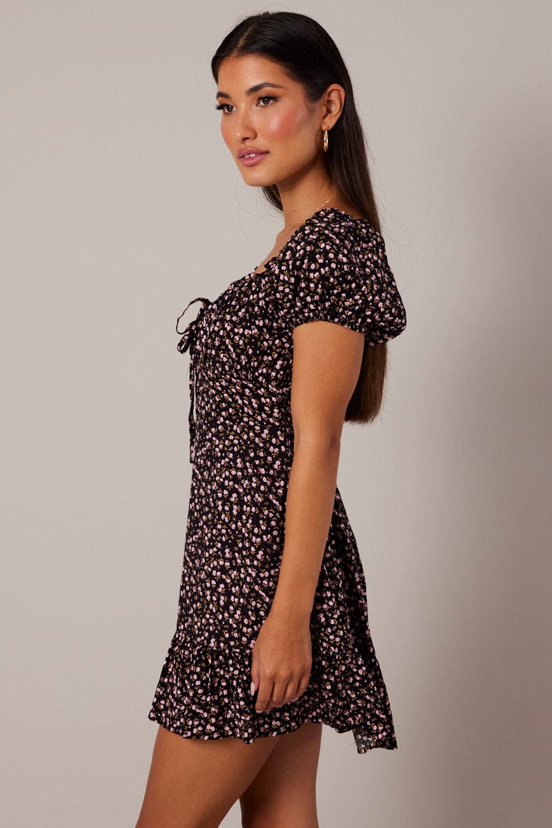 Black Ditsy Fit and Flare Dress Short Sleeve Lace Up Front | Ally Fashion Black Ditsy Fit and Flare Dress Short Sleeve Lace Up Front | Ally Fashion