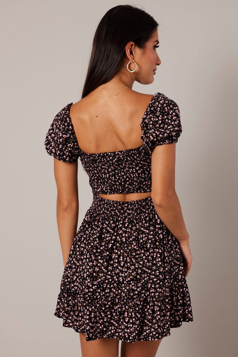 Black Ditsy Fit and Flare Dress Short Sleeve Lace Up Front | Ally Fashion Black Ditsy Fit and Flare Dress Short Sleeve Lace Up Front | Ally Fashion
