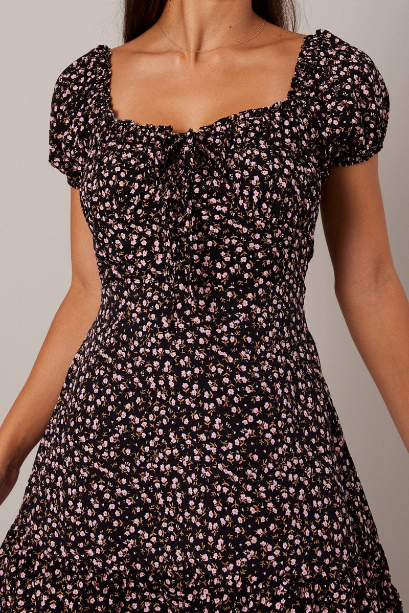 Black Ditsy Fit and Flare Dress Short Sleeve Lace Up Front | Ally Fashion Black Ditsy Fit and Flare Dress Short Sleeve Lace Up Front | Ally Fashion