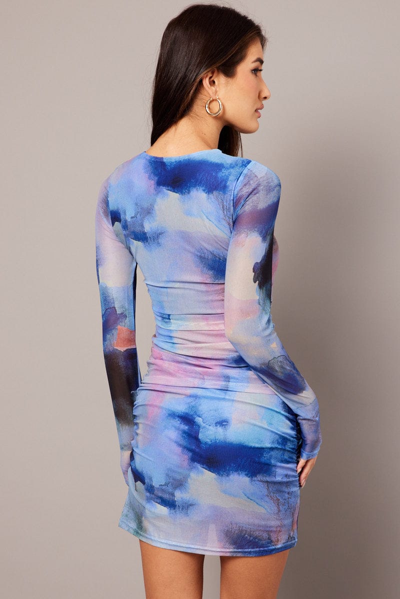Multi Abstract Bodycon Dress Mini Mesh for Ally Fashion