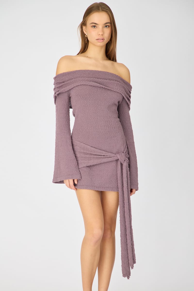 Brown Knitted Off Shoulder Tie Waist Mini Dress for Ally Fashion